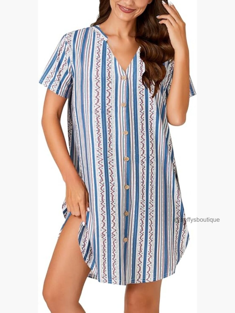 V Neck Short Sleeve Button Down Nightgown Pajamas Sleepshirt